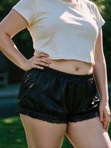 Women Plus Size Shorts Lace Trim Elastic Waist Loose Fit Sleep Shorts - Black - View 5