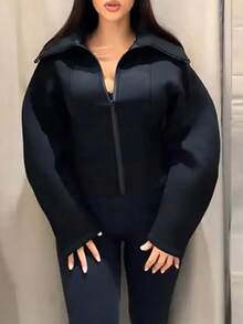 Women's Elegant Personalized Versatile Long Sleeve Waist-Cinching Short Jacket, Solid Color - Black - View 5