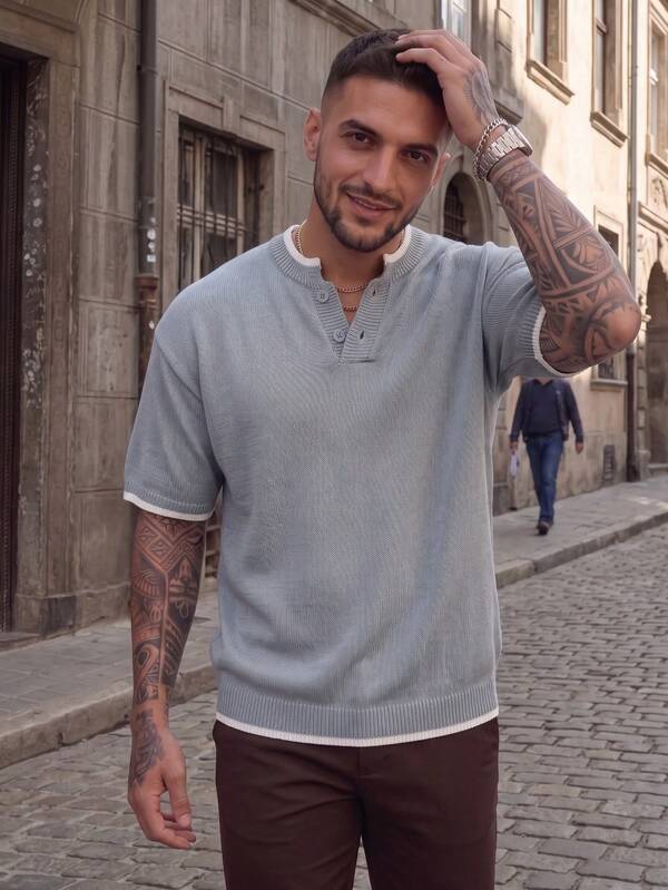 Lookun Spring/Summer Men's Casual Loose Minimalist Solid Color All-Match Versatile Crew Neck Faux Two Pieces Pullover Half-Button Short Sleeve Knit T-Shirt Sweater