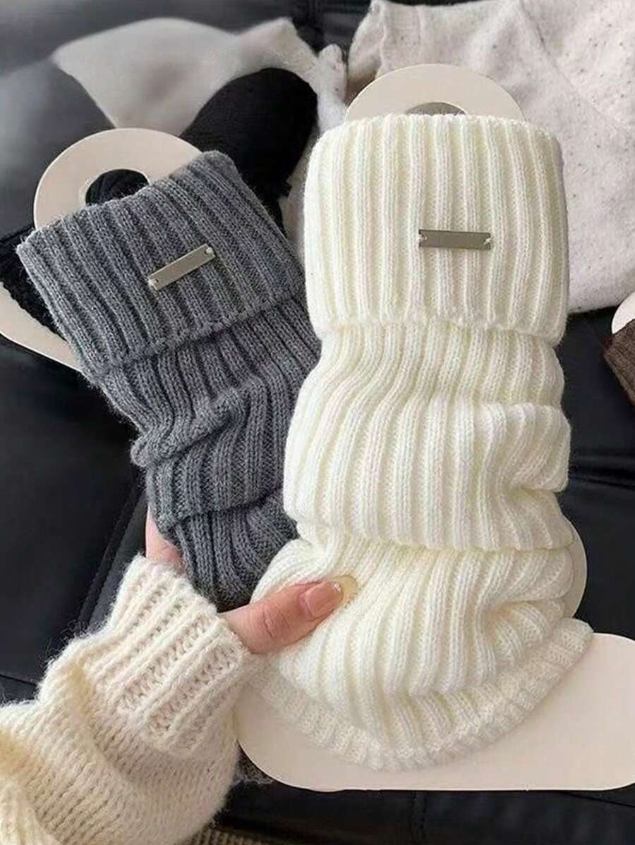 2 Pairs Women's Metal Logo Ribbed Long Socks, Solid Color Loose Boot Socks, Autumn/Winter Daily Casual Aesthetic Socks - Multicolor - View 1