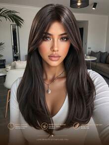 Dark Brown 18 Inch Layered Wavy Synthetic Wig With Curtain Bangs, Natural Loose Wave Heat Resistant Fiber Wigs For Women, Soft Silky Layered Hair, Perfect Daily Look, Halloween, Thanksgiving, Christmas Party Cosplay Hairstyle - Dark Brown - View 1