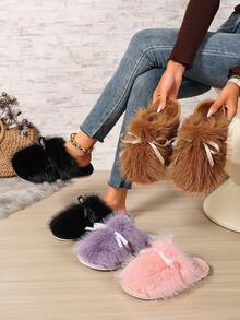 Fluffy Long Fur Bow Slippers, Soft And Gentle Girl Style, Non-Slip Indoor And Outdoor Slippers - Turmeric - View 8