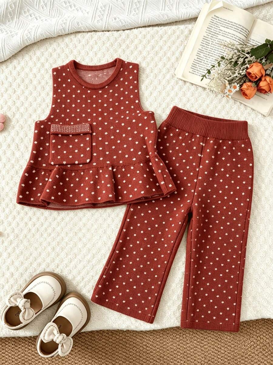 WUHUANG YIYI 2pcs/Set Girls Cute Round Neck Solid Color Polka Dot Pattern Pocket Decor Ruffle Hem Tank Top And Pants Set Loose Fit Casual Daily Outing Autumn - Red - View 1