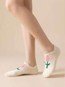 5/4 Pairs Women's Multi-Color Combination, Floral Tulip, Spring/Summer Versatile Style, Knitted Breathable Fabric, Fashionable Japanese Fresh Style Invisible Boat Socks, Home, Commute, Party, Sports, School, Holiday Gift - Multicolor - View 3