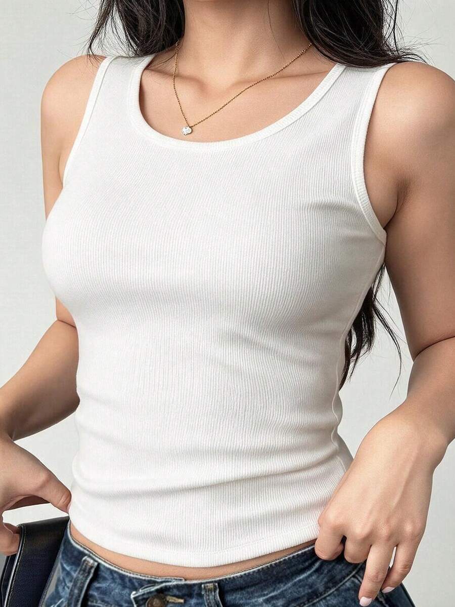 Plus Size Women's Casual Solid Color Short Sleeve T-Shirt, Round Neck Slim Fit Knit Casual Sports Tank Top, Suitable For Summer Formal Occasions, Office, Concerts - White - View 1