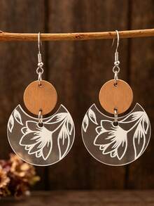 1 Pair Vintage Floral Print Transparent Acrylic & Wooden Disc Dangle Earrings - Transparent White - View 1
