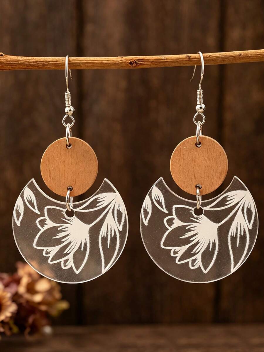 1 Pair Vintage Floral Print Transparent Acrylic & Wooden Disc Dangle Earrings - Transparent White - View 1