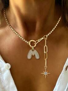1pc Gold Round Lobster Double Clasp Letter Necklace, Stainless Steel Chain, Unique Diamond Initial Octagonal Star Pendant Women's Necklace - Yellow Gold - View 19