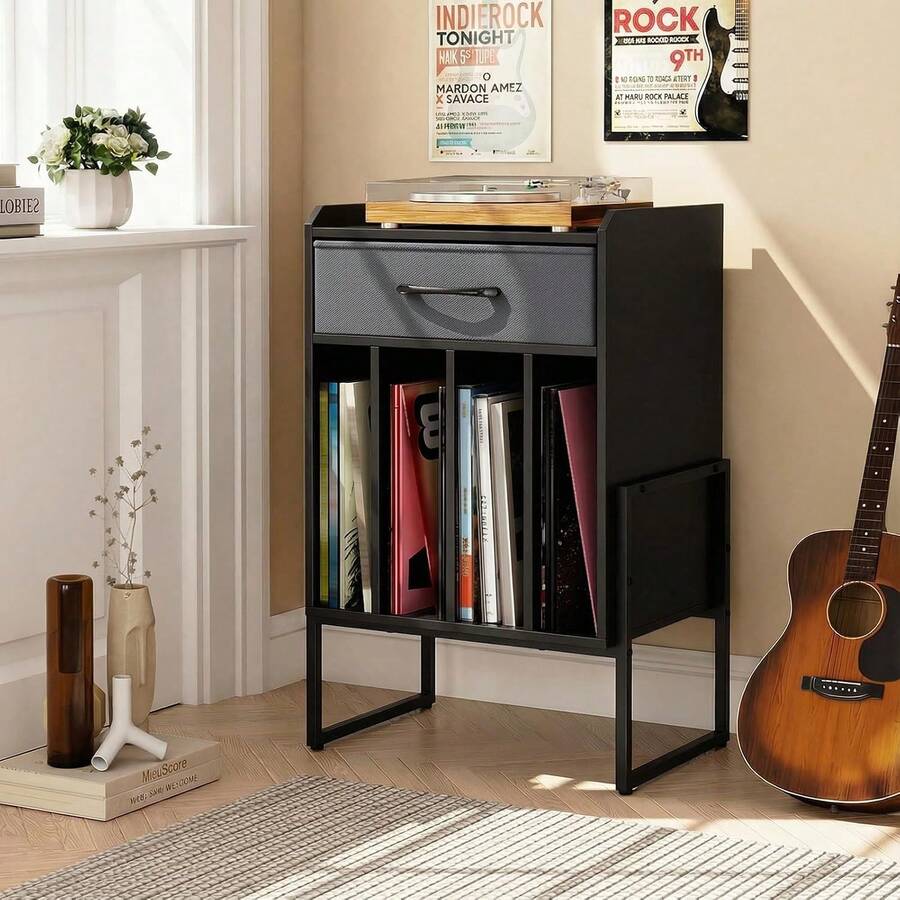 Black And Grey Record Player Stand With Vinyl Storage, Turntable Table With Fabric Drawer, 4-Compartment Album Holder And Metal Frame For Living Room, Bedroom And Music Room - Black & Grey - View 1