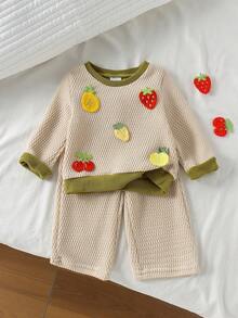 2pcs Baby Girl Fresh Mori Style 3D Fruit Applique Long Sleeve Sweatshirt & Wide Leg Pants Set, Thin Spring/Autumn Casual Everyday Wear - Apricot - View 3