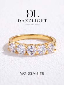 1pc Exquisite 5-Star Diamond Moissanite Engagement Ring, D Color S925 Sterling Silver Material, Women's Dating/Wedding Ring, Elegant Jewelry, Wife/Girlfriend Anniversary Gift - Gold - View 1