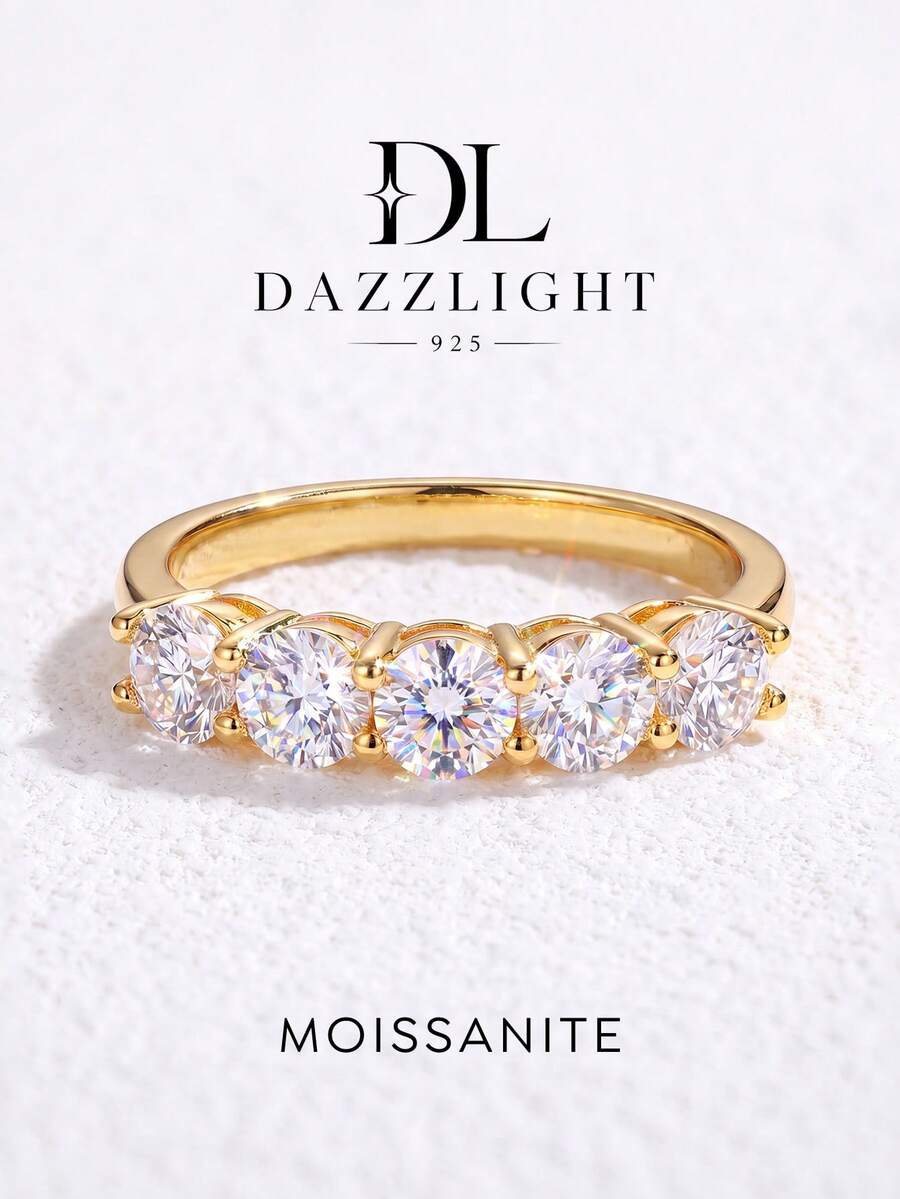 1pc Exquisite 5-Star Diamond Moissanite Engagement Ring, D Color S925 Sterling Silver Material, Women's Dating/Wedding Ring, Elegant Jewelry, Wife/Girlfriend Anniversary Gift - Gold - View 1