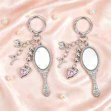 2件組女用實用高清手持鏡，復古蕾絲心形水鑽愛心串珠蝴蝶結鑰匙圈吊飾，時尚精緻包包掛飾配件 - 彩色 - 查看 2
