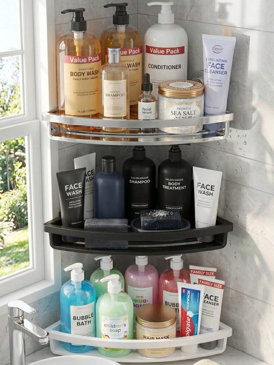 KOEMO 1pc Vacuum Suction Cup Triangular Storage Rack, Bathroom Shelf, Corner Bathroom Organizer, Bathroom Storage Rack, Bathroom Wall-Mounted Shelf, Space-Saving, Easy Installation Without Drilling, Equipped With Removable Suction Cups, Sturdy Triangular Design Won't Damage Walls, Suitable For Shower, Bathroom Or Smooth Tile Walls.