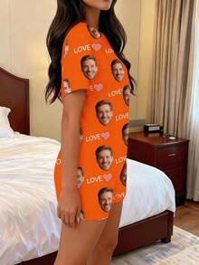 1pc Women's Custom Face & Text Pajama Set, Black With Personalized Face, LOVE And Pink Heart Prints, Soft Fabric, Casual Style, Ideal For Home Wear - Orange - View 2