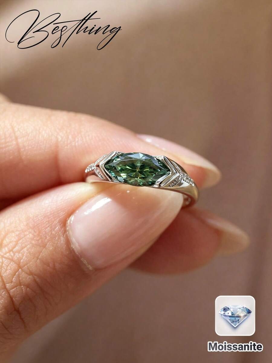 Besthing 1pc Fashion Glamorous S925 Sterling Silver 1CT Moissanite Blue-Green Marquise Couple Matching Wedding Ring, High Quality For Wedding, Daily Wear And Holiday Gift - Multicolor - View 1