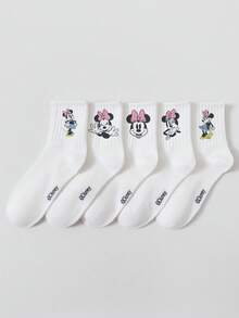 Disney 1/5雙迪士尼襪子，米老鼠襪子，米妮鼠襪子，唐老鴨圖案男女中筒襪，卡通系列可愛酷炫中性風格，高級中筒襪，印有迪士尼米老鼠圖案，完美假期禮物，經典純色粗條紋白色運動襪－假期送禮的完美選擇 - 彩色 - 查看 5