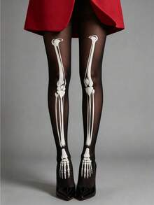 Élanzette 1pc Women's Skull Print Black Fashion Tights, Suitable For Halloween Party And Daily Wear - Multicolor - View 2