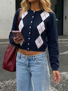 Just Masa Women's Fall Casual Preppy Argyle Colorblock Sweater Button Up Cardigan,Long Sleeve Round Neck Rib-Knit Crop Top,For School,Going Out - Navy Blue - View 11