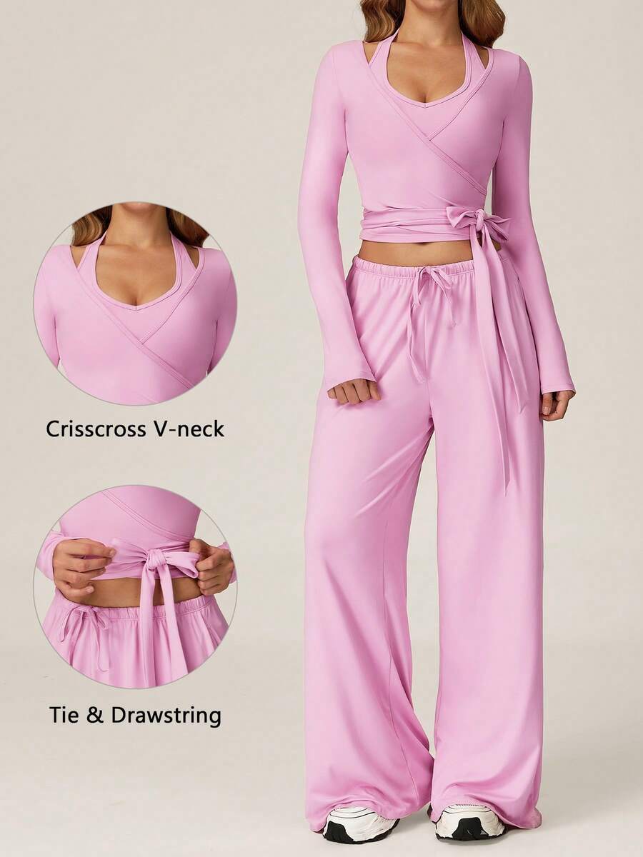TimeOff Women's One Set Solid Color Cross Wrap Tie Waist Long Sleeve Cover Up With Elastic Drawstring Side Pockets Wide Leg Pants - Pink - View 1