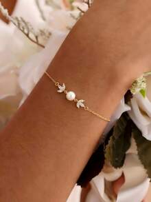 2pcs Pearl & Diamond 14K Gold Plated Wedding Jewelry Set - Bracelet, Necklace, Elegant Gift, Suitable For Daily Wear - Gold - View 8