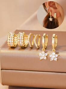 6pcs/Set Flower Cubic Zirconia Earrings, Women's Fashion Luxury Elegant Style Delicate Ear Drops Ear Jewelry, Suitable For Daily Wear And Dating - Gold - View 1