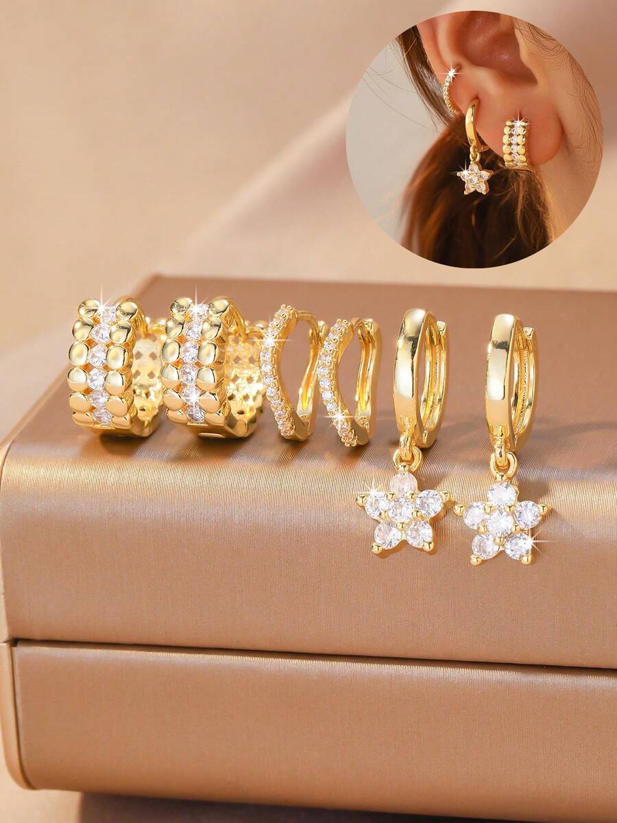 6pcs/Set Flower Cubic Zirconia Earrings, Women's Fashion Luxury Elegant Style Delicate Ear Drops Ear Jewelry, Suitable For Daily Wear And Dating - Gold - View 1