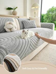 1PC Curved Water Ripple Plush Sofa Cover, Suitable For 1/2/3/4 Seater Sofas, Warm Thick Couch Protector, Non-Slip Bottom, Machine Washable, Pet Friendly, All Season Minimalist Home Decor Furniture Pad - Light Grey - View 3