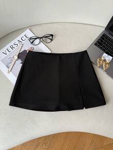 Rok Mini Wanita Warna Hitam Polos Pinggang Tinggi, Belahan Samping di Bagian Bawah, Potongan Ramping, Lapisan Dalam Pengaman, Gaya Pesta dan Perjalanan yang Elegan - Hitam - View 4