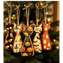 2D Flat, 5pcs Cat-Shaped Wooden Tags With Hanging Rope. Five Different Vintage Halloween Patterns, Perfect Holiday Gift To Create A Vintage And Cozy Halloween Atmosphere. - 5 Items - View 2