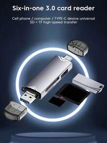 Multi-Functional USB 3.0 Card Reader, Suitable For Camera, Computer, Mobile Phone, Type-C 6-In-1 SD/TF High-Speed Card Reader - Light Grey - View 12