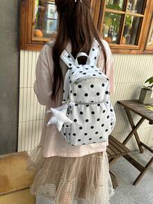 Ransel Kasual Kapasitas Besar Motif Polkadot Kain dengan Bordir Kucing dan Liontin Bintang untuk Wanita, Cocok untuk Pelajar, Perjalanan, dan Remaja Putri (Liontin Tidak Termasuk) - Hitam - View 4