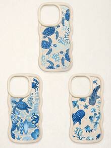 3 Pcs Wavy White Edge Ocean Sea Turtle Print Phone Case, Blue Tone Underwater Creature Illustration Soft Shell, Thickened Wavy Frame Full Coverage Anti-Drop TPU Phone Cover, Ins Vacation Style Niche Fresh Digital Accessory; Suitable For Valentine's Day, Easter, Mother's Day, Father's Day, Independence Day, Halloween, Thanksgiving, Christmas, New Year, Birthday, Back To School Gifts, Compatible With IPhone 17/17 Pro - Multicolor - View 12