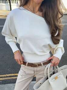 Live To Mo White Asymmetric Slant Off Shoulder Knit Sweater, Elegant Long Sleeve Waist Knitted Top Suitable For Daily, Commute & Back To School Fall - White - View 9