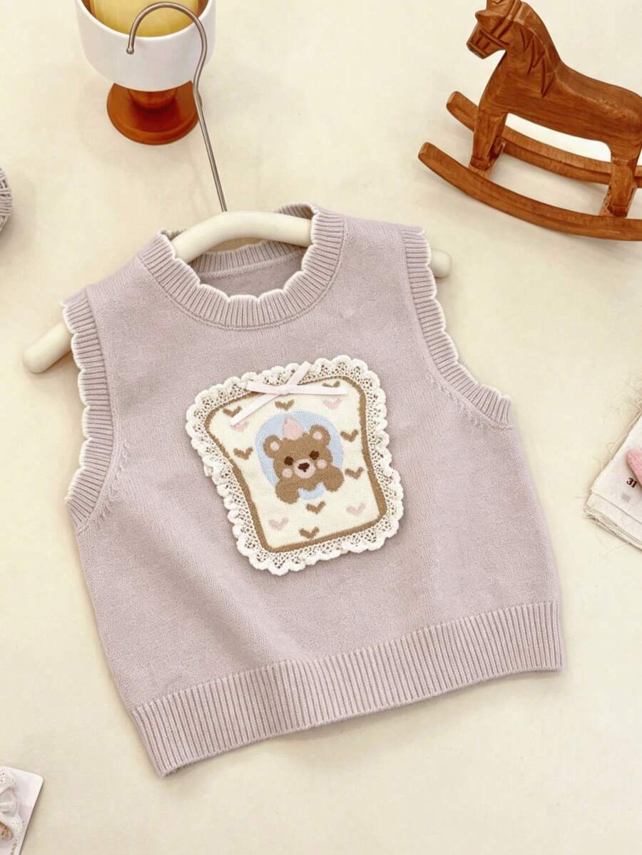 WUHUANG YIYI Baby Girl Sweet Cute Cartoon Bear Handmade Applique Embroidery Heart Lace Decor Knit Sweater Vest Loose Fit Versatile Outerwear For Spring And Autumn - Purple - View 1