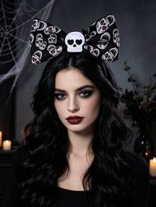 1pc Halloween Skull Print Bow Headband, Party Costume Hair Accessory, Vintage Halloween Decor Gift - Multicolor - View 2