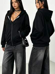 Women's Zip-Up Hooded Jacket, Minimalist White Logo Print Elastic Cuffs Drawstring Sweatshirt Casual Outerwear Black - Black - View 6