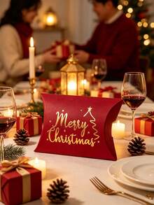 20/10 Buah Kotak Kemasan Hadiah - Kotak Bantal Beremboss Emas Natal. Kotak Hadiah Selamat Natal, Kotak Kertas Pembungkus Hadiah Advent. Cocok untuk Halloween, Pesta Natal, Pesta Ulang Tahun, Pemberian Hadiah Liburan, dan Kemasan Kotak Hadiah Lainnya. (Merah) - Darah - View 5
