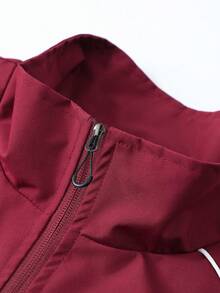 Men's Burgundy & White Line Trim Stand Collar Jacket, Contrast Letter Patchwork, American Retro Loose Streetwear Sports Jacket - Burgundy - View 5