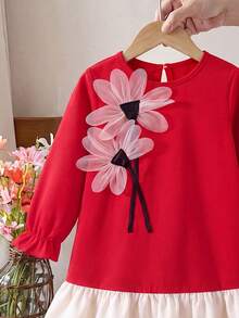 Girls' Fashion Floral Long Sleeve Cuffed Apricot Color Patchwork Hem Dress - Red - View 3
