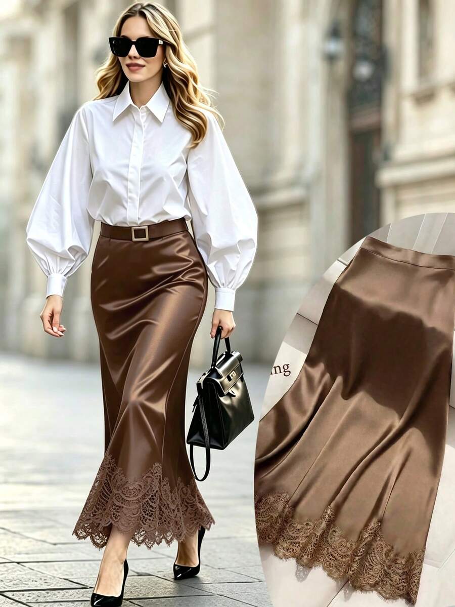 Elegant Women's A-Line Maxi Skirt, Featuring Delicate Lace Patchwork Design Brown Summer