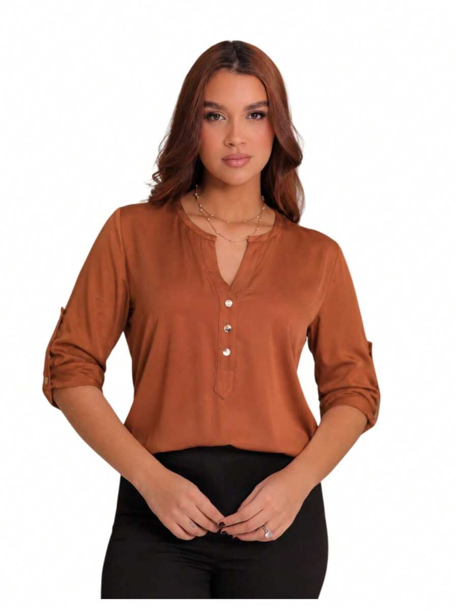 Elegant Women's V-Neck Blouse With Short Sleeves And Button Details, Regular Length And Asymmetrical Hem, Perfect For Autumn. - 黑焦糖 - 查看 1