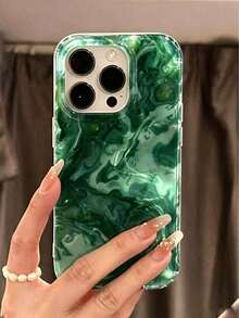 時尚綠色不對稱波浪紋理軟手機殼，適用於 iPhone 17 Pro Max、17 Pro、16、15、14、13、12 Pro Max、14、15、16 Plus、11、15、16、17。夏季風格防震保護殼。 - 綠色 - 查看 2