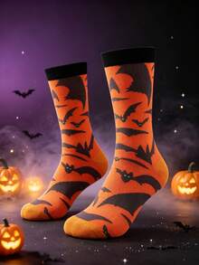 1 Pair Women's Bat Graphic Halloween Mid-Calf Socks, Personalized Bat Print, Comfortable Breathable Versatile Socks, Halloween Bat Socks, Suitable For Halloween Gifts - Orange - View 2