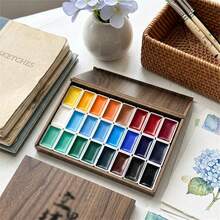 21 Colors Solid Watercolor Paint Set With Wooden Storage Box, Portable Travel Watercolor Paint Set, Suitable For Sketching, Illustration, Hand Drawing, Art Supplies For Artists And Beginners - Sets - View 2