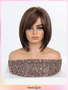 [Velvet Locks] Soft Heat-Resistant Layered Straight Side Part Bob Brown 12-Inch Synthetic Wig For Women For Elegant Daily Party - 棕色 - 查看 3