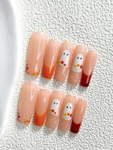 萬聖節主題 10 片裝靈感風格手工穿戴甲 Polygel 凝膠美甲套組，幽靈、橘色指甲油，可愛俏皮風，含美甲工具，3 種尺寸可選，杏仁甲、鴨嘴甲、棺材甲，適合派對、舞會、日常配戴 - 彩色 - 查看 14