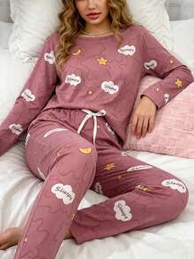 2pcs Women's Cartoon Star Print Long Sleeve Top And Pants Cute Casual Pajama Set - Rusty Rose - View 4