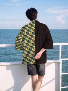 時尚百搭男士休閒和服開襟衫襯衫，幾何數位印花，前開襟設計，輕量聚酯纖維，四季款，動漫迷必備，透氣外套，聚酯纖維和服，Cosplay - 黑色 - 查看 4