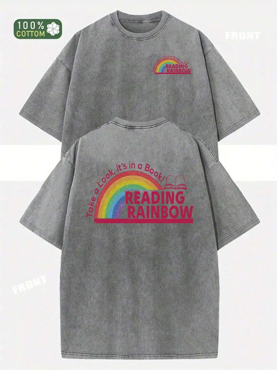 230g Double-Sided Washed Cotton T-Shirt, Rainbow Wax Print, Retro Fashion Style, Moderate Thickness, Breathable For Summer, Ideal Holiday Gift. - Dark Grey - View 1
